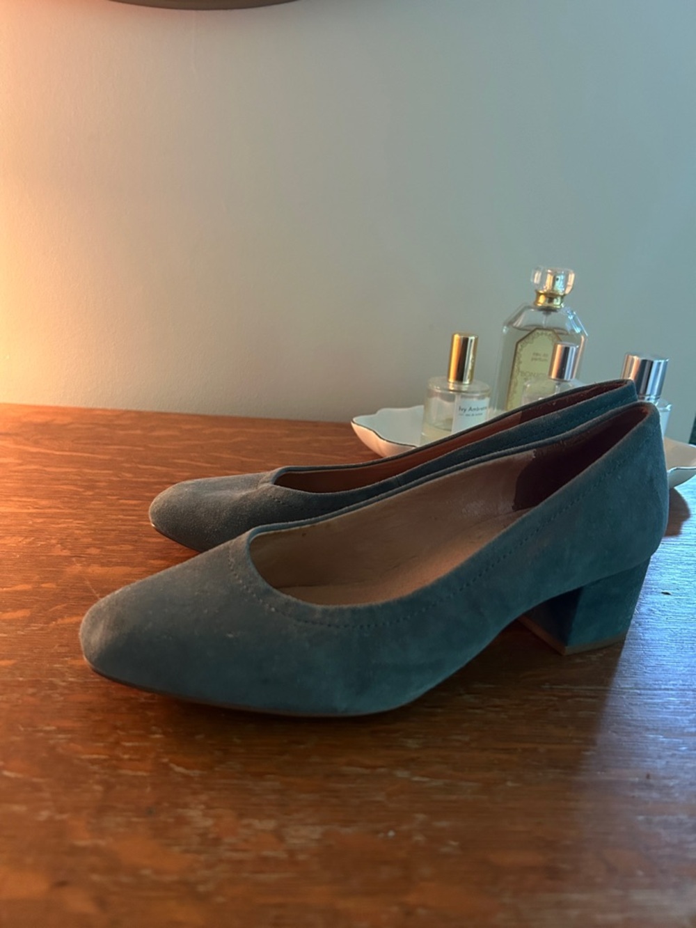 Madewell Teal Suede Low Block Heel Pumps